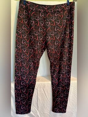 Serra Fleece Lined Black Leggings with Pink & Red Heart Pattern